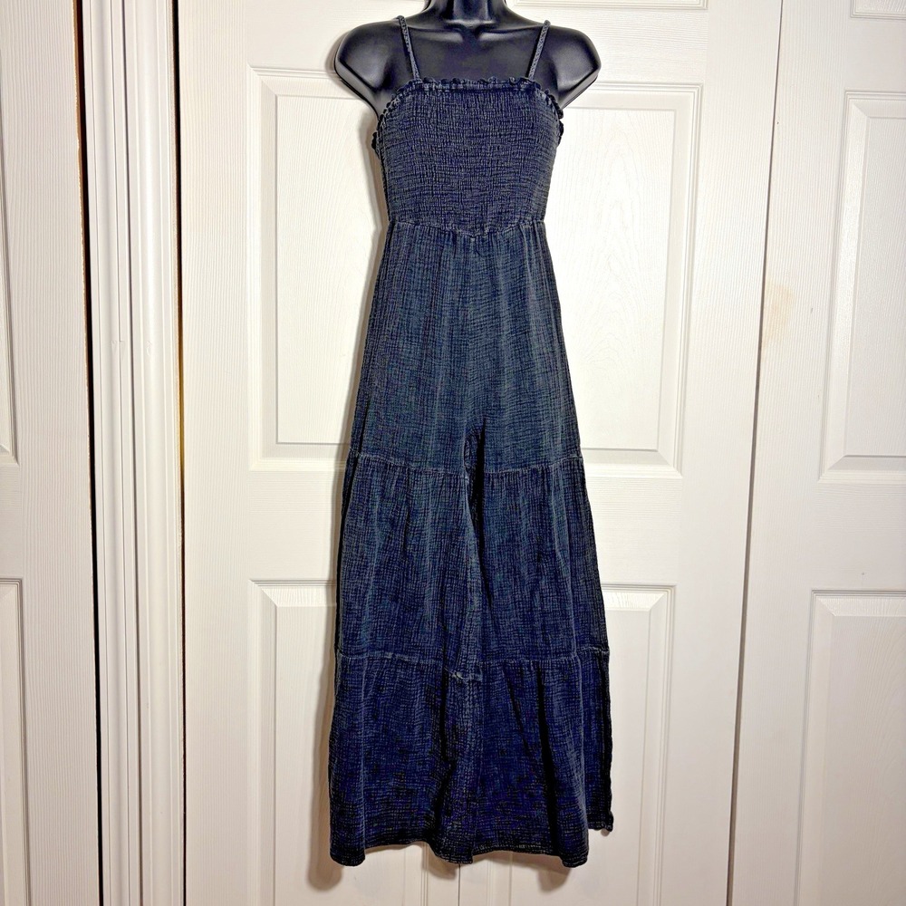 Pink Lily Cotton Gauze Jumpsuit Women XS Faded Black Smocked Wide Leg Sleeveless